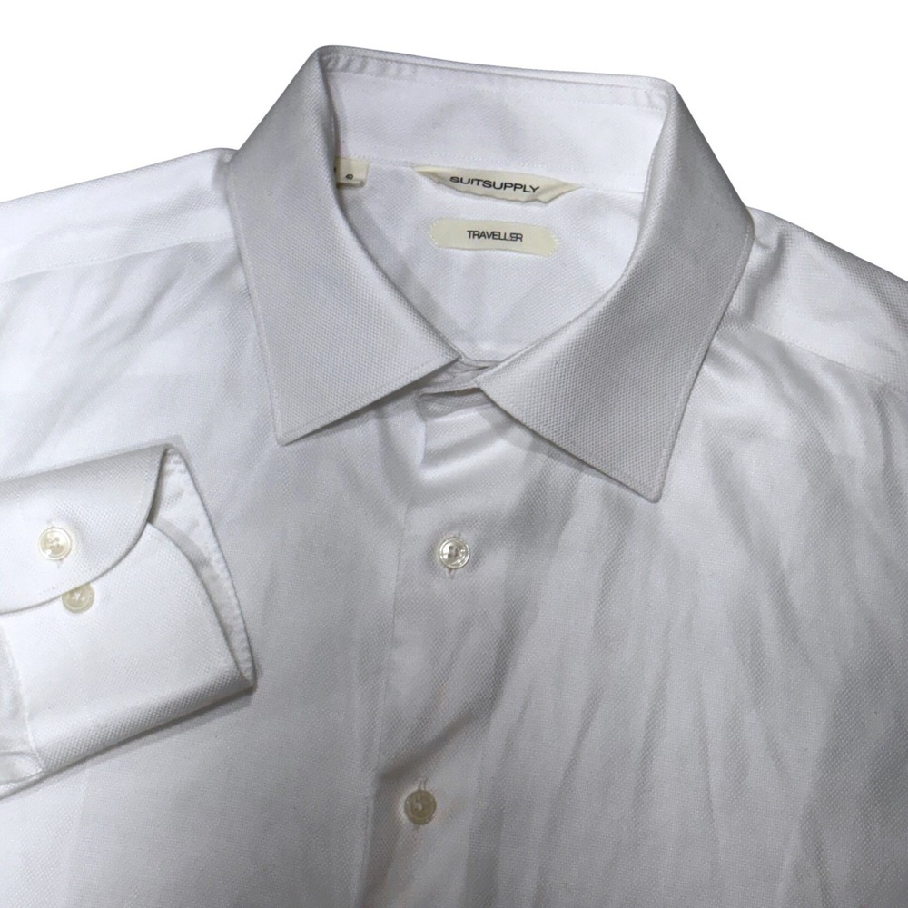 Suitsupply Traveller Dress Shirt Mens 15.75 White Slim Fit Dobby Business Travel